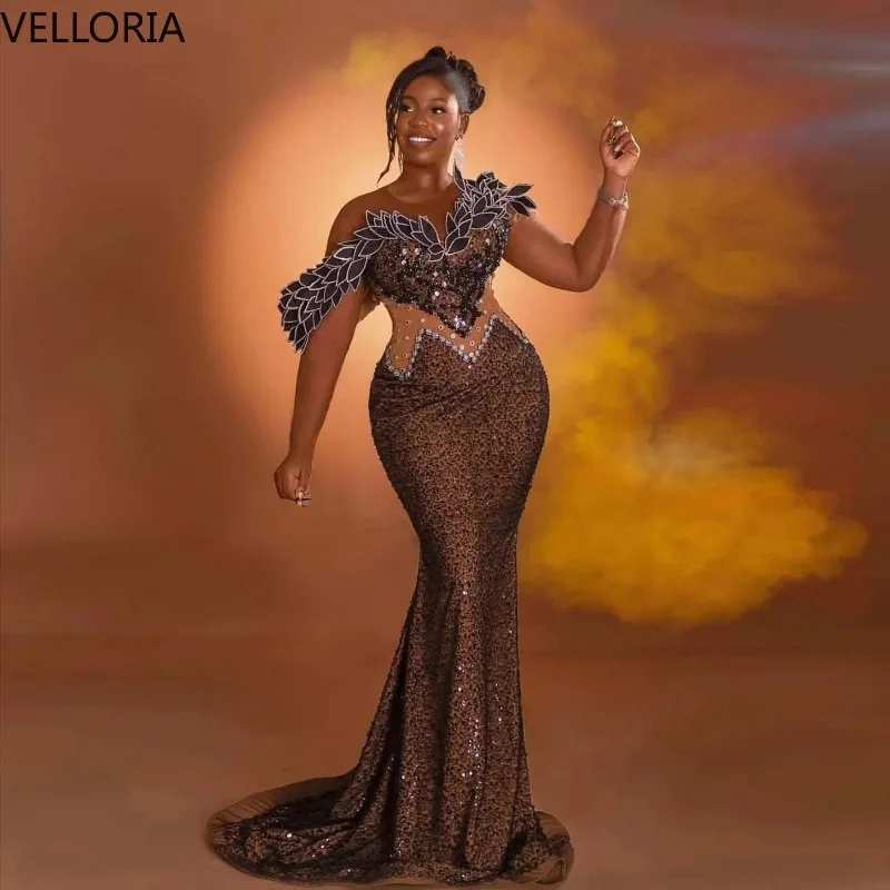 Braunes Meerjungfrau-Bodycon-Kleid für afrikanische Frauen, One-Shoulder-Kleid mit 3D-Blattapplikation, langes Abendkleid, formelles Partykleid, Ballkleid, individuell gestaltet
