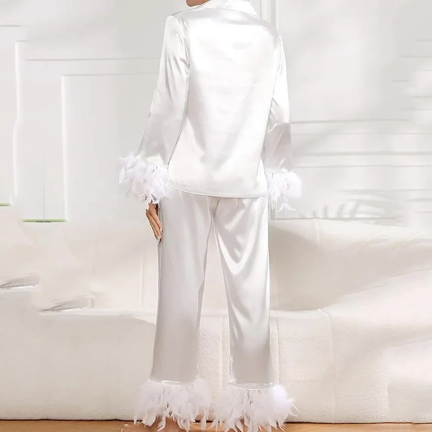 

gift ice silk pajamas, fashionable ostrich hair shirt and trousers, loose two-piece feather home clothes for women