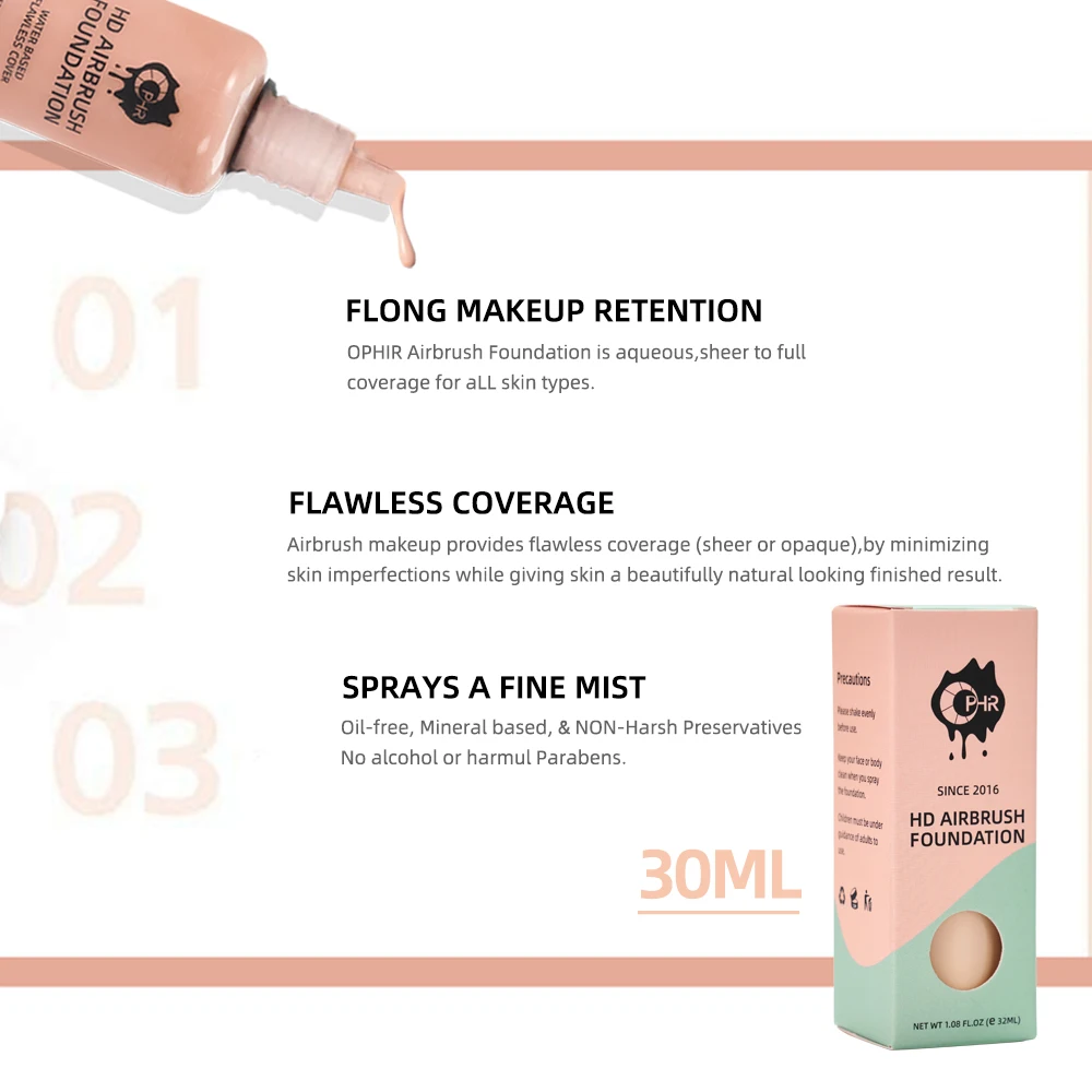 OPHIR-base de aerógrafo profesional, 30ml/botella, 7 colores para elegir, base de maquillaje en aerosol para Kit de aerógrafo TA007