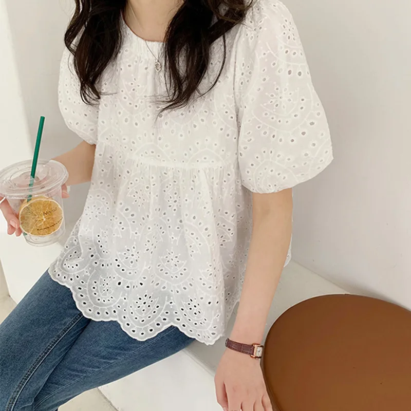 Summer Short Sleeve Women Blouses Casual White Shirt Office Lady Elegant Hollow Out Tops Puff Sleeve Clothing