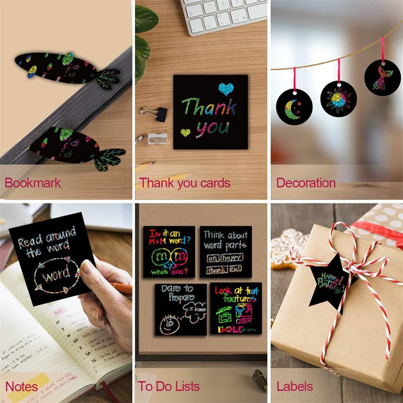 100pcs Scratch Paper Art Set Scratch Off Rainbow Magic Paper Black Scratch Notes Christmas Birthday Gift Card Art Supplies