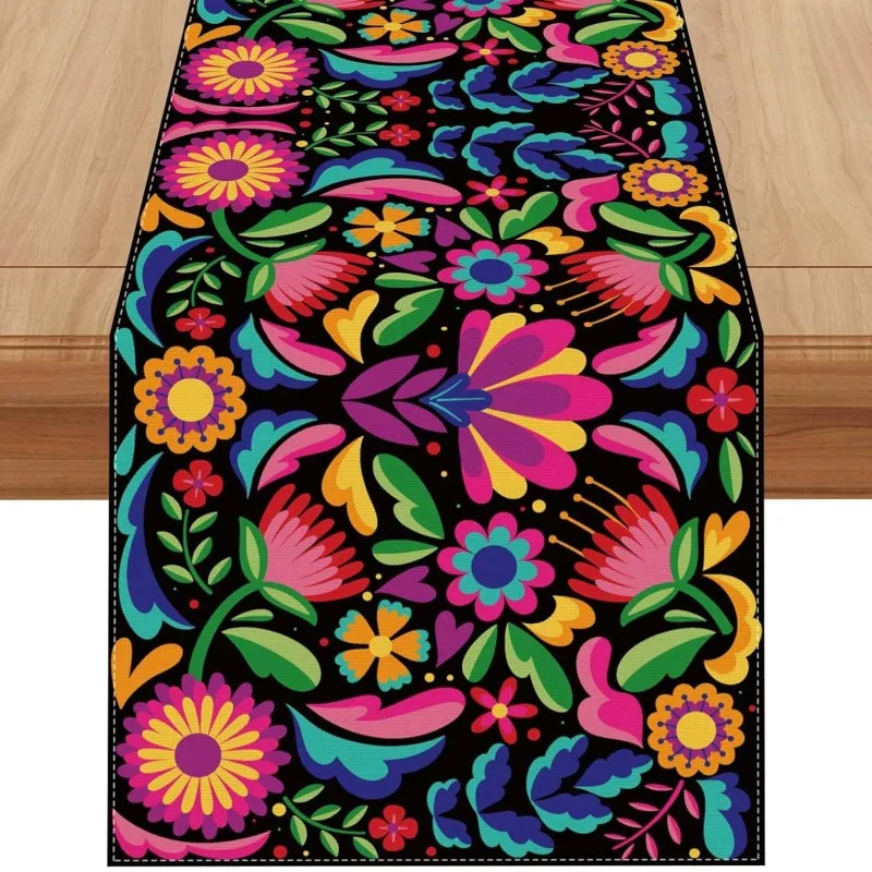VIKAMA Mexican Carnival Table Runner with Floral and Bird Patterns, Skull Print Linen Tablecloth