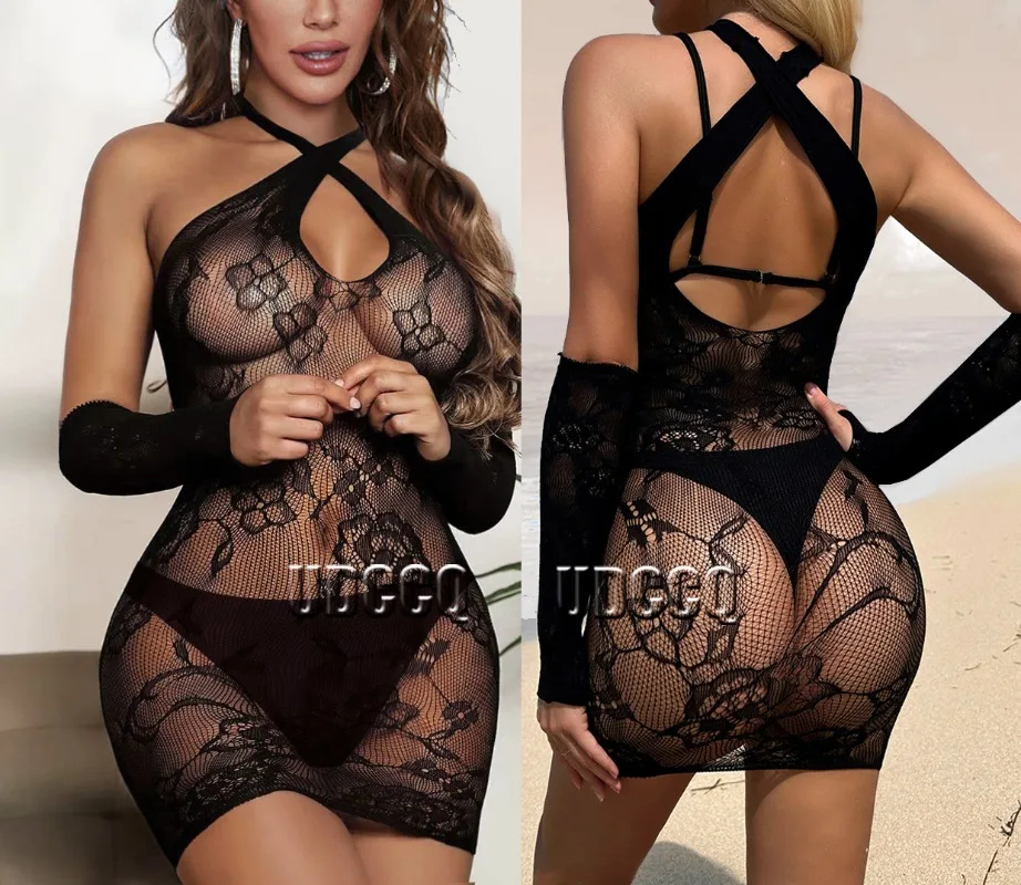 HOT Sexy crochet plus size lingerie Babydoll Underwear tube top costumes Chemises Teddies Sleepwear hoot sexy dress+glove