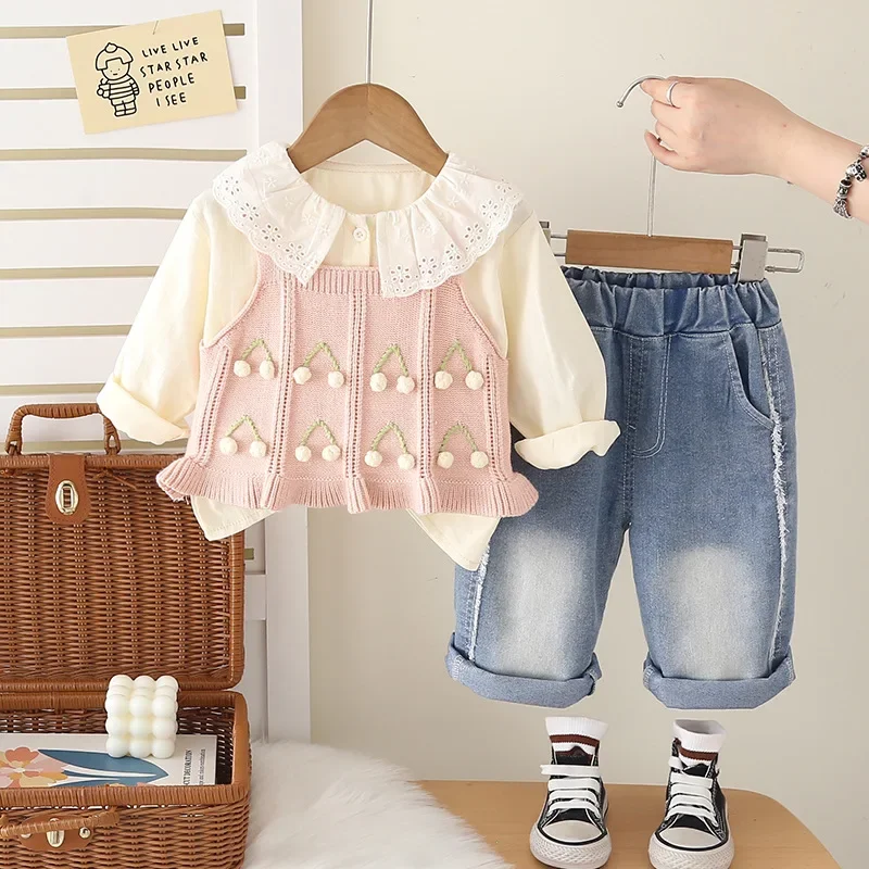 

New Spring Autumn Baby Girls Clothes Suit Children Vest Long Sleeved Shirt Pants 3Pcs/Sets Infant Casual Costume Kids Tracksuits