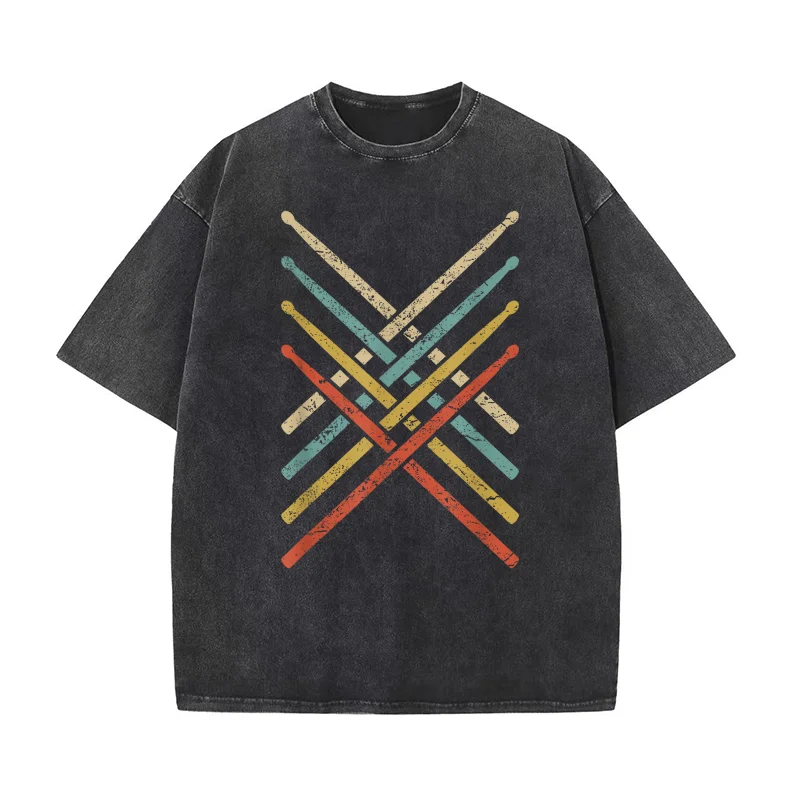 

Retro Vintage Drummer 70s 80s Distressed Drum Sticks Pure Cotton T-shirt For Man Oversized Art Graphic Clothing Printed