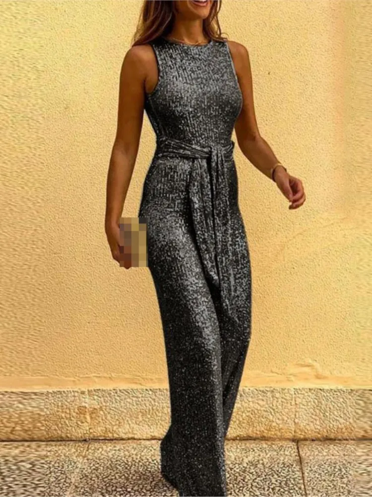 Summer Women's New Sequin Jumpsuit Elegant Solid Color Round Neck Sleeveless Fashion Personalized Women's Jumpsuit