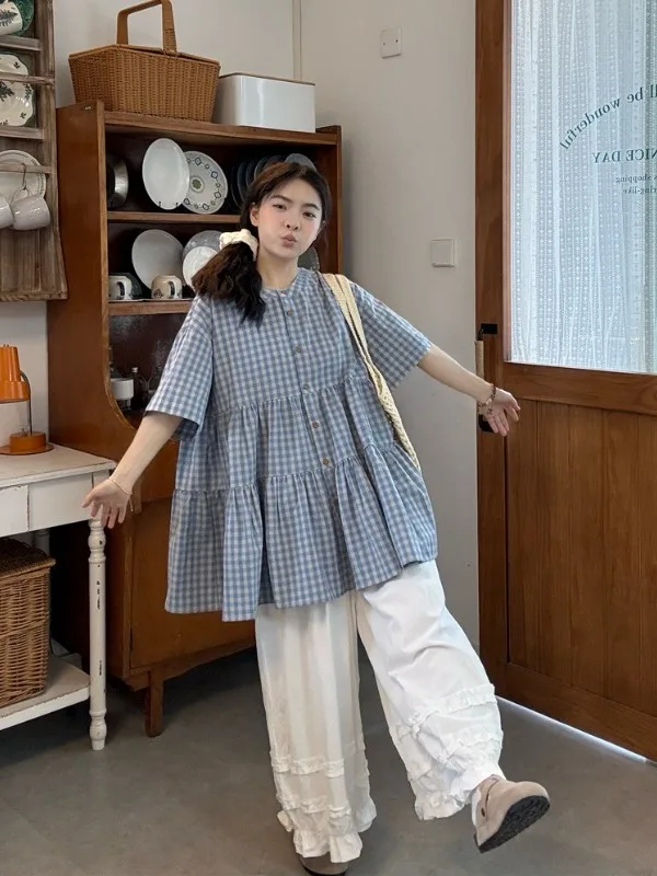 

Женская рубашка больших размеров в винтажном японском стиле, свободная, в клетку, с коротким рукавом, летняя, новая, универсальная, омолаживающая, стройнящая, модная