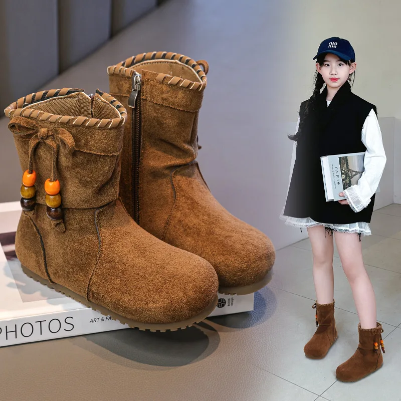 الفتيات أحذية بوت قصيرة الخريف الشتاء جديد الأطفال ميلارد اللون بولي Leather جلد الغزال موضة الدافئة عقدة الخرز أفخم الأحذية حجم 26-36 #3