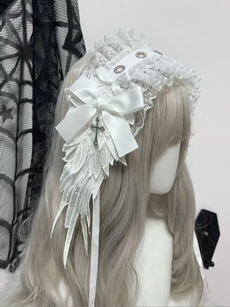 NONSAR 2025 일본 레이스 리본 윙 로리타 헤어밴드 다크 고딕 앵글 헤드웨어 로리타 애니메이션 코스프레 헤어 액세서리