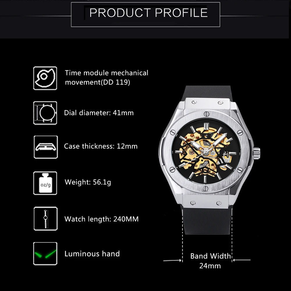 WINNER Sports Automatic Mechanical Watch for Men Fashion Rubber Strap Military Silver Skeleton Watches Luminous Hands Male Clock