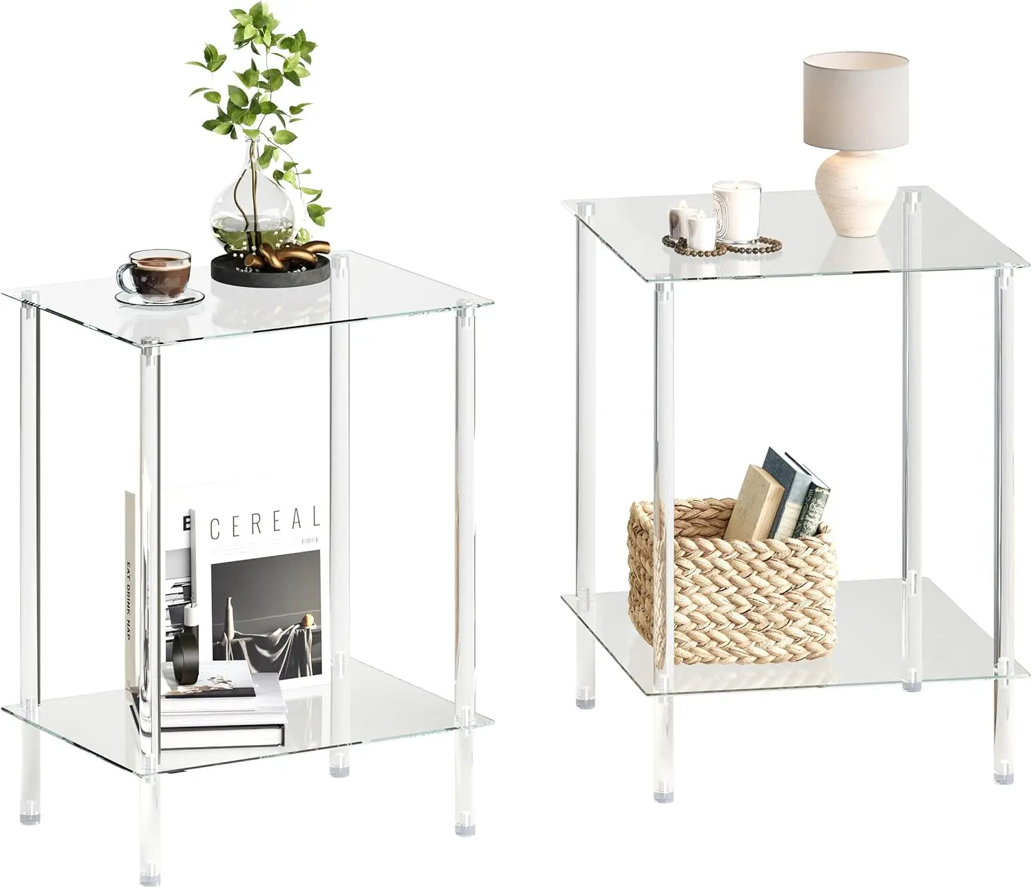 

Tempered Glass Side Tables Set of 2 Acrylic End Table with 2 Storage Shelve transparent Bedside simplicity clear 2-Tier Night