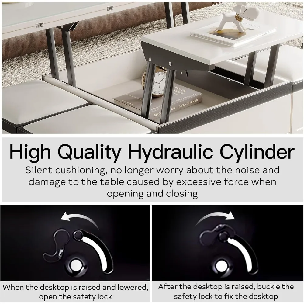 Extendable Coffee Table with 4 Storage Stools, Multifunctional Lift Top Coffee Table, Space Saving Folding Dining Table for Livi