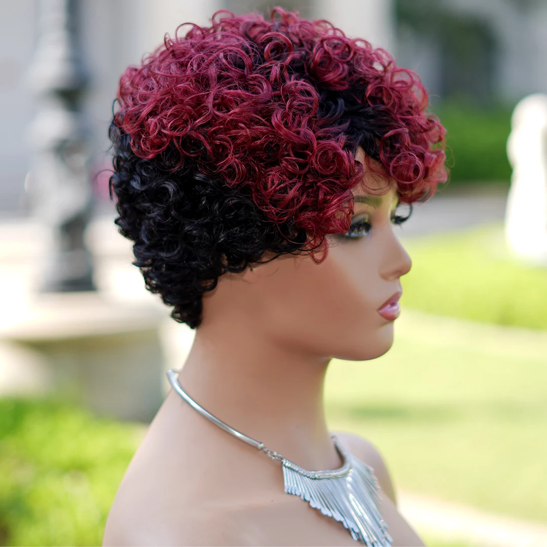 6inch Short Curly Wigs T1B/99J None Lace Front Human Hair Wigs with Bangs 180% Density Machine Made Pixie Cut Curly Wave Wig