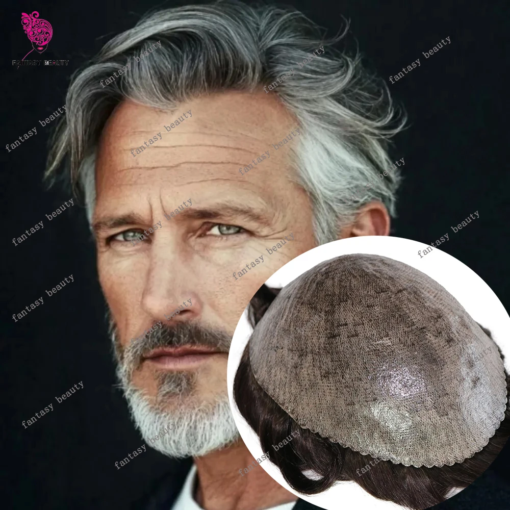 سوبر دائم شعري طبيعي 1B30 1B80 1b40 بني رمادي أسود الرجال كامل بولي PU رقيقة مايكرو الجلد الشعر المستعار للرجل رخيصة شعر مستعار #1