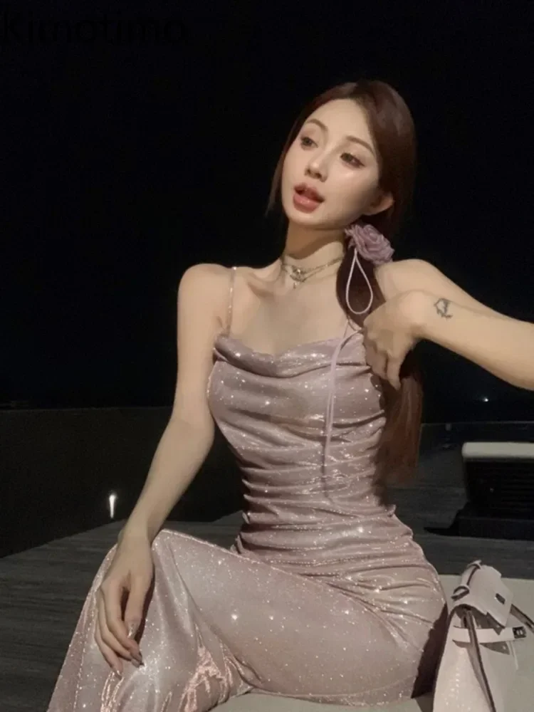 

AzaleeKa Evening Dress Women French Style Swinging Collar Shiny Sequin Folds Waist Slim Fishtail Long Dresses Temperament Summer
