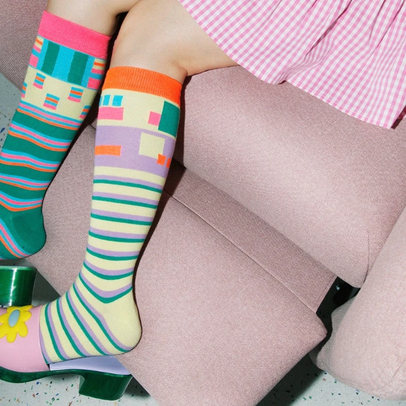 Original Design Striped Fluorescent Color Women's Calf Hosiery Autumn New Asymmetric Candy Color Cotton Mid-Calf Socks Ladies