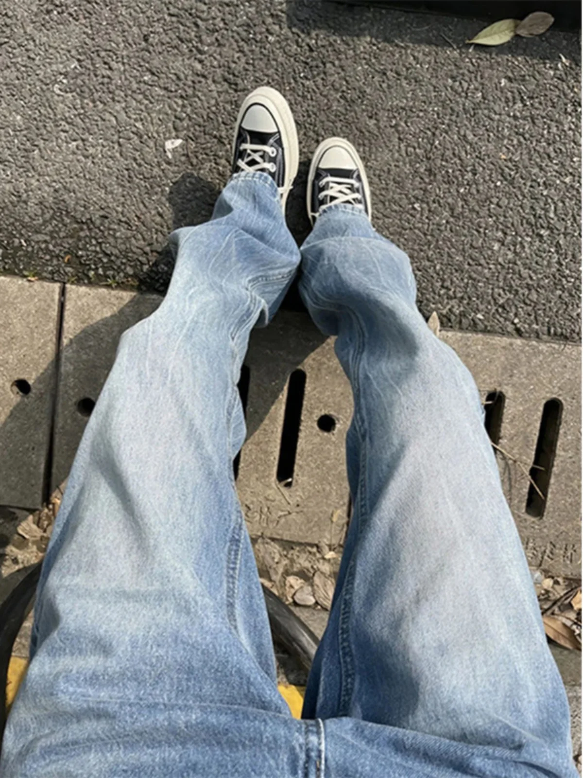 

Ice Blue Lightning Cra Denim Jeans Men's Slim Fit Micro Flare Trendy Straight Leg Pants Youthful Sle Loose Flared Pants