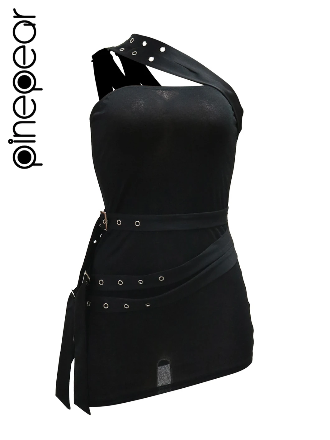 Pinepear ชุดบอดี้คอนแขนกุดผู้หญิงมีสายคาดเอวชุดเดรสปาร์ตี้แบบไม่สม่ำเสมอชุดมินิเดรสไนท์คลับเซ็กซี่