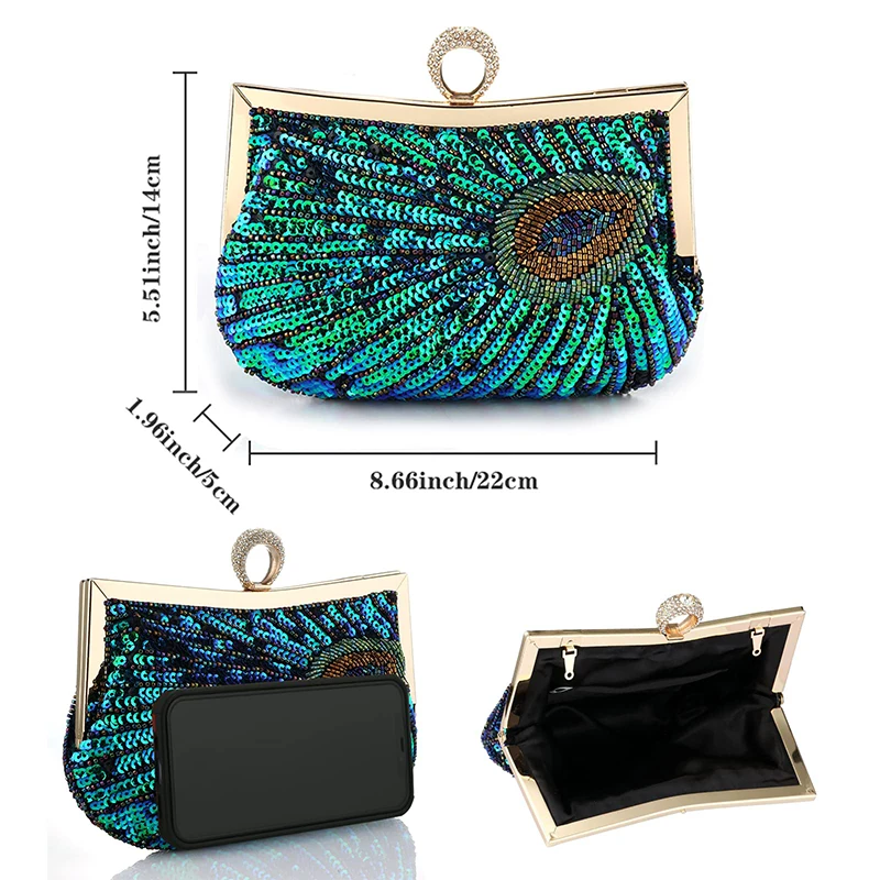 Fashion Sequins Beading Peacock Evening Bag Women Green Embroidered Dinner Party Day Diamond Clutch Handbag Bolsa Shoulder Bag