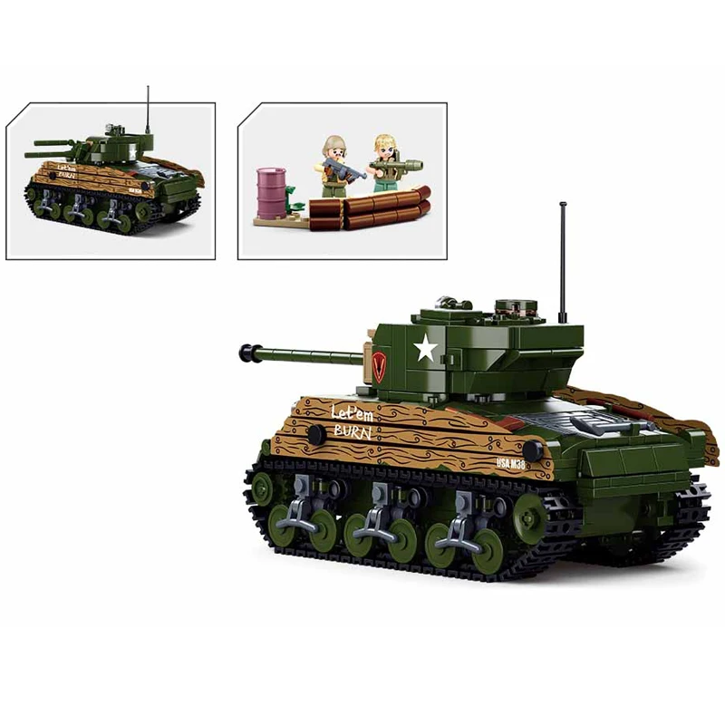 New Military WW2 Army Vehicle Sherman M4A3 Medium Tank Building Blocks Figure Soldier Weapon Bricks Classic Model Kids Toys Gift