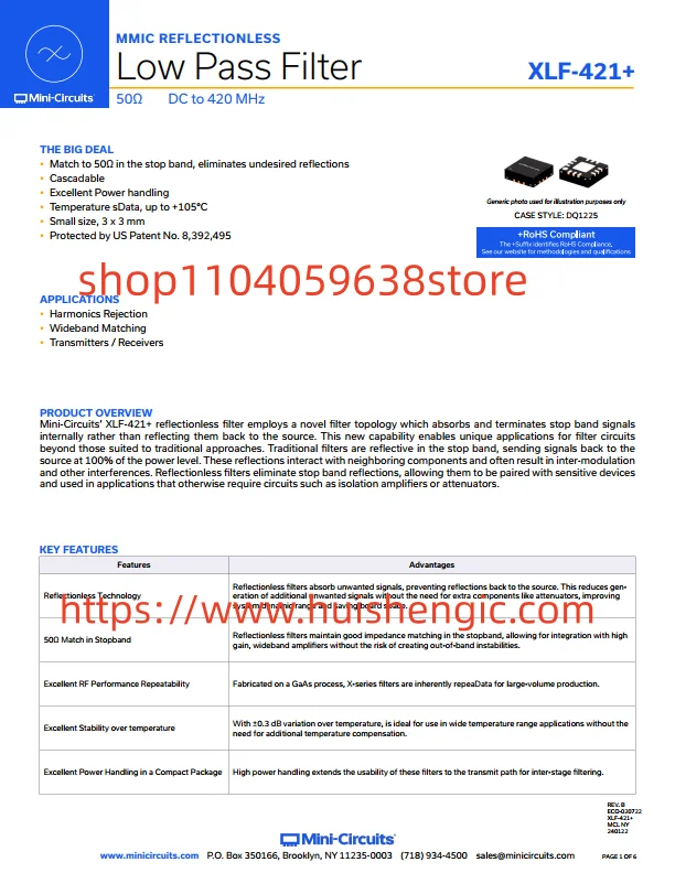 XLF-421+       610MHz (cut-off value) frequency low-pass RF filter (radio frequency) bandwidth 1.8dB 12-VQFN solder pad