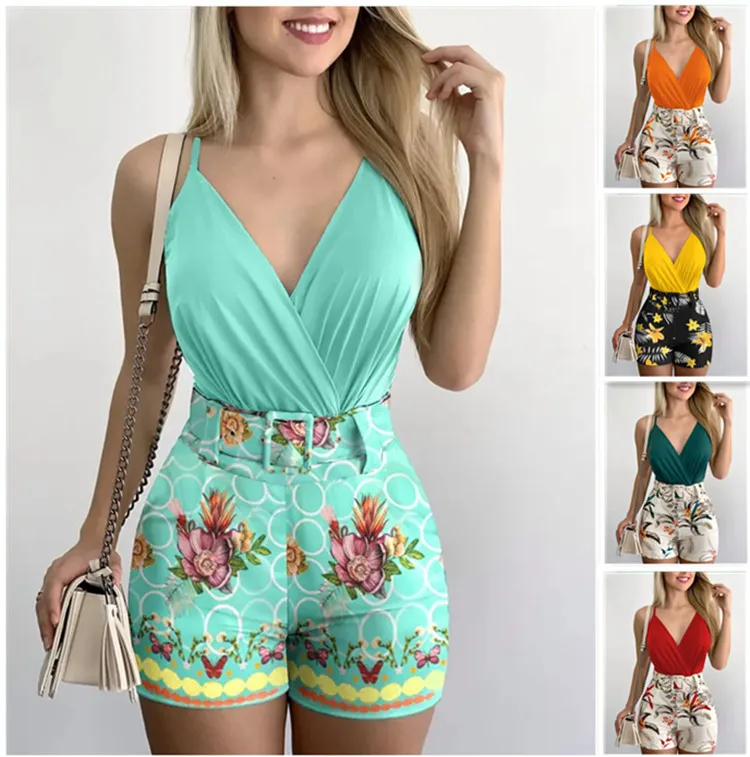 2023 Verão Sexy Moda Feminina V-neck Sem Mangas Suspender Coletes Prints Shorts Terno com Cinto Conjunto De Duas Peças Roupas Femininas