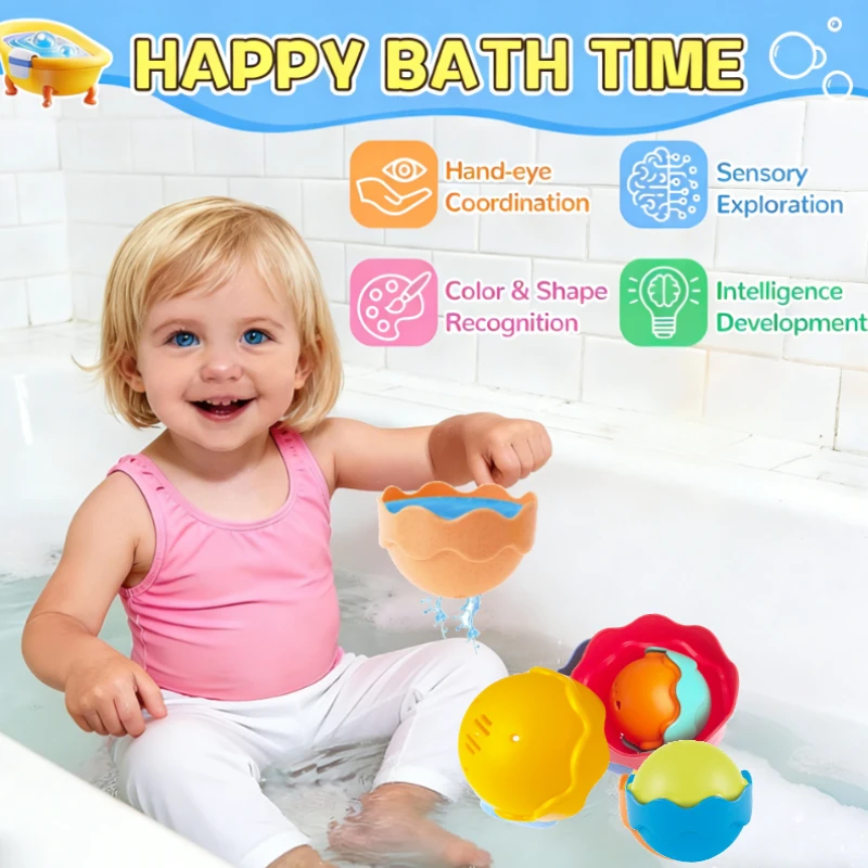 8PCS Wavy Stacking Ball Cups Baby Nesting Tower Toy Montessori Color Sorting Bath Toy Early Learning Sensory Toy