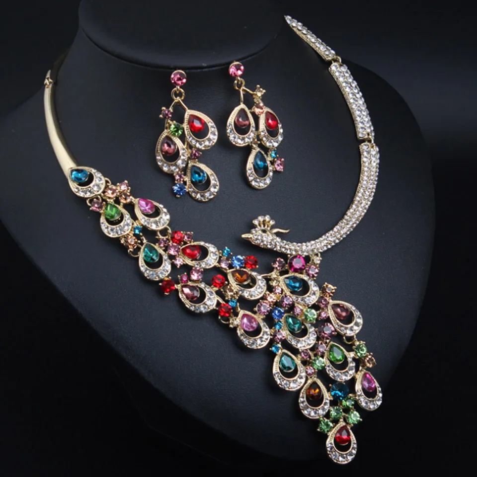 Zlxgirl Colorful Rhinestone Crystal Peacock shape women\'s wedding necklace earring jewelry set big brand Bridal neclace Ears