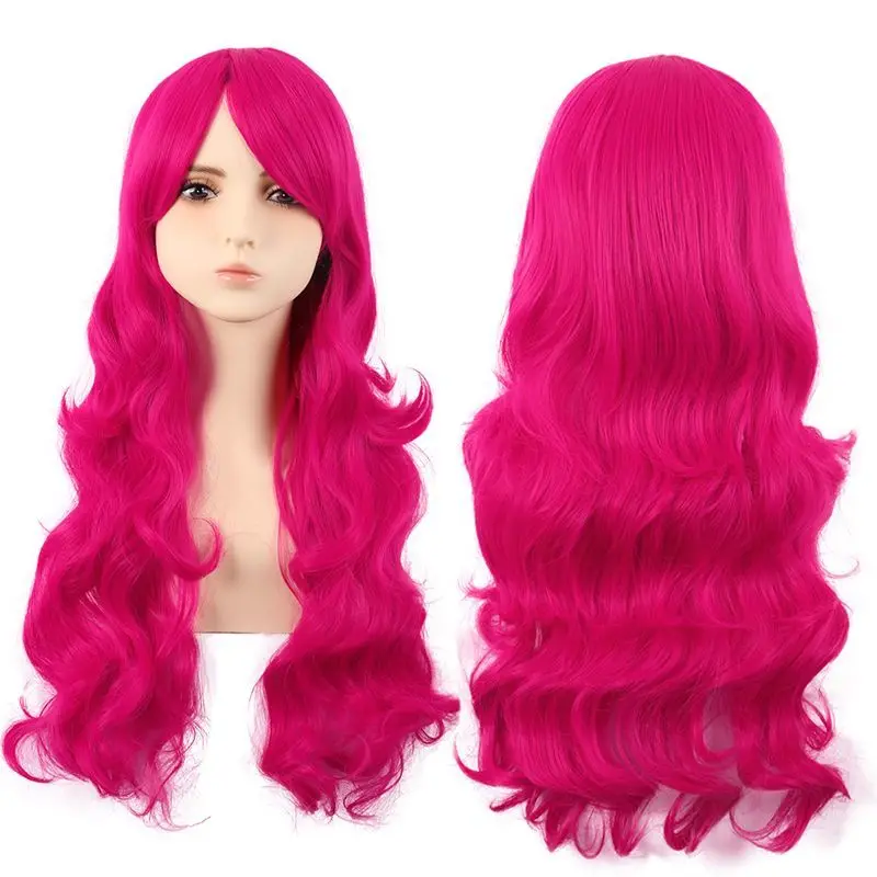 تونغمان كوس شعر مستعار طويل للنساء أنيمي موجات كبيرة طويل مجعد الشعر 70CMRose الأحمر الجانب الانفجارات شعر مستعار