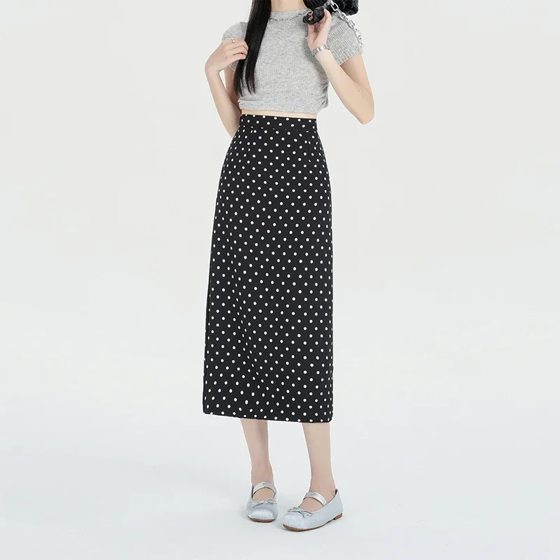 

Miiiix Fashionable Elastic Waistband Polka Dot Skirt 2024 Women's Summer Mid Length A-line New High Waisted Back Slit Skirts