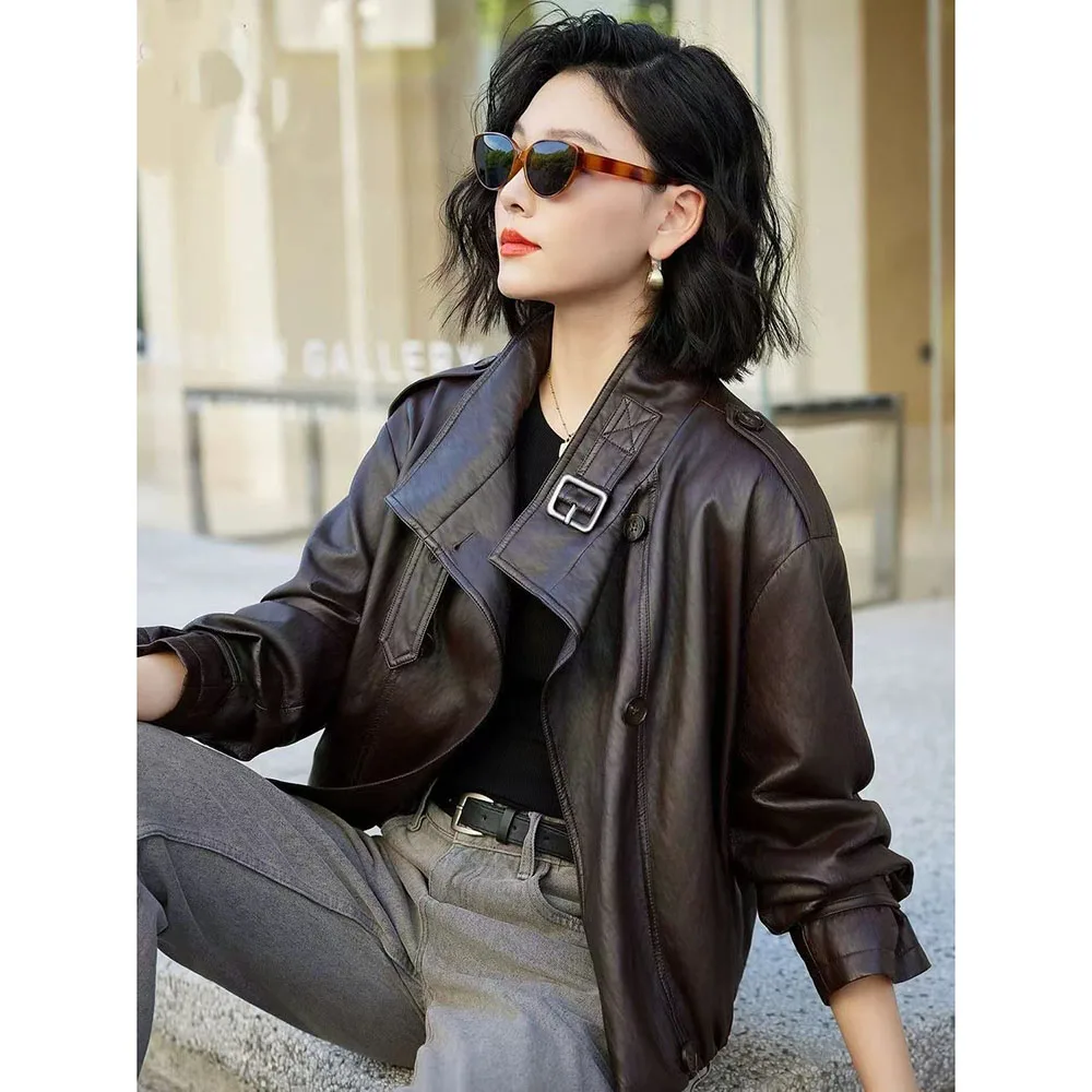 Kurtka skórzana damska na wiosnę i jesień 2026, luksusowa, codzienna, krótka kurtka motocyklowa, koreański styl, luźna, miękka kurtka z PU.
