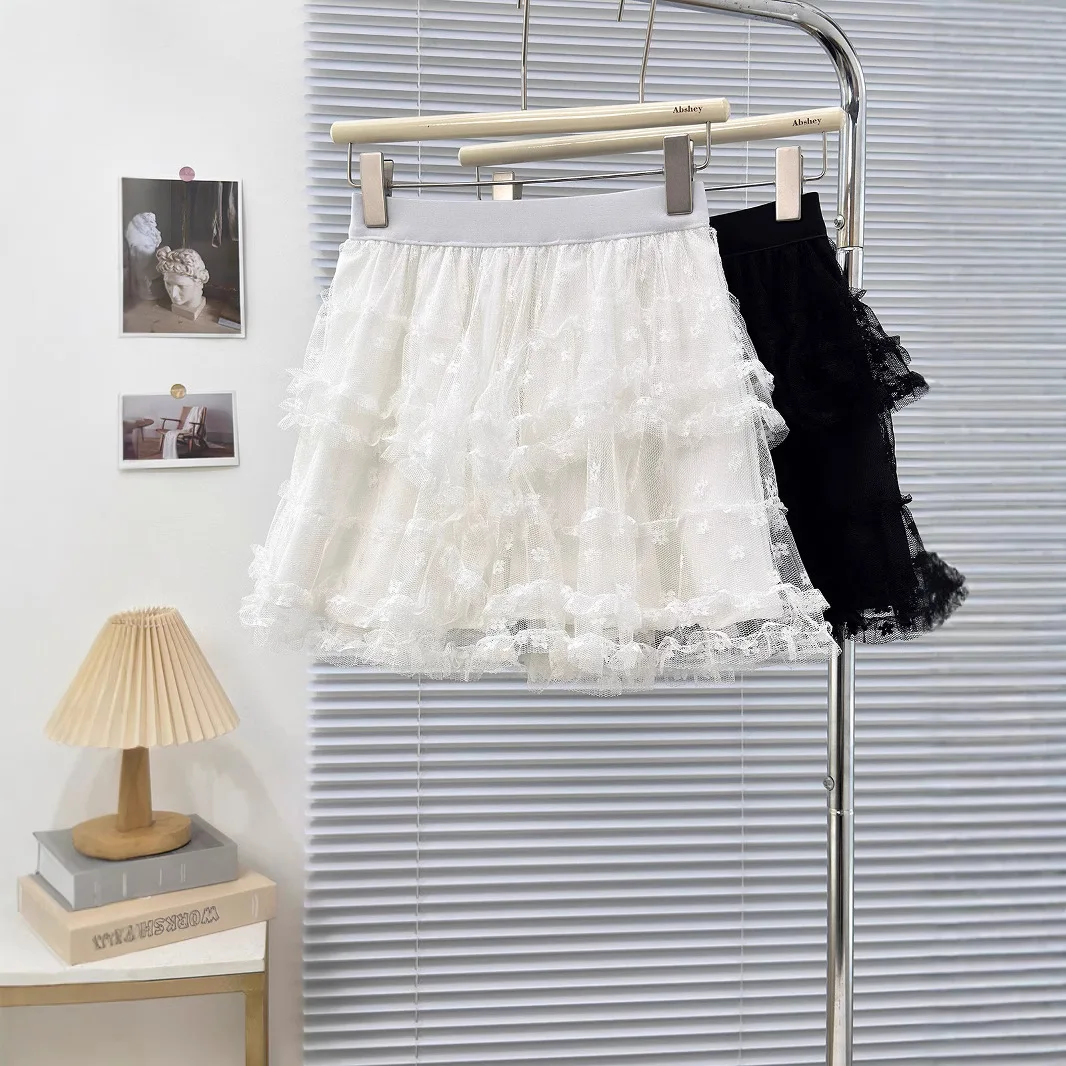 Irregular Lace Cake Skirt Elastic Waist White Mesh Anti-light Puffy Skirt for Women