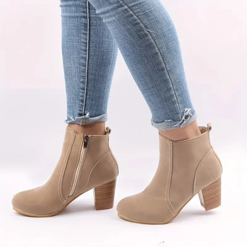 European and American 2025 autumn and winter new style frosted side zipper thick heel short boots plus size women's shoes
