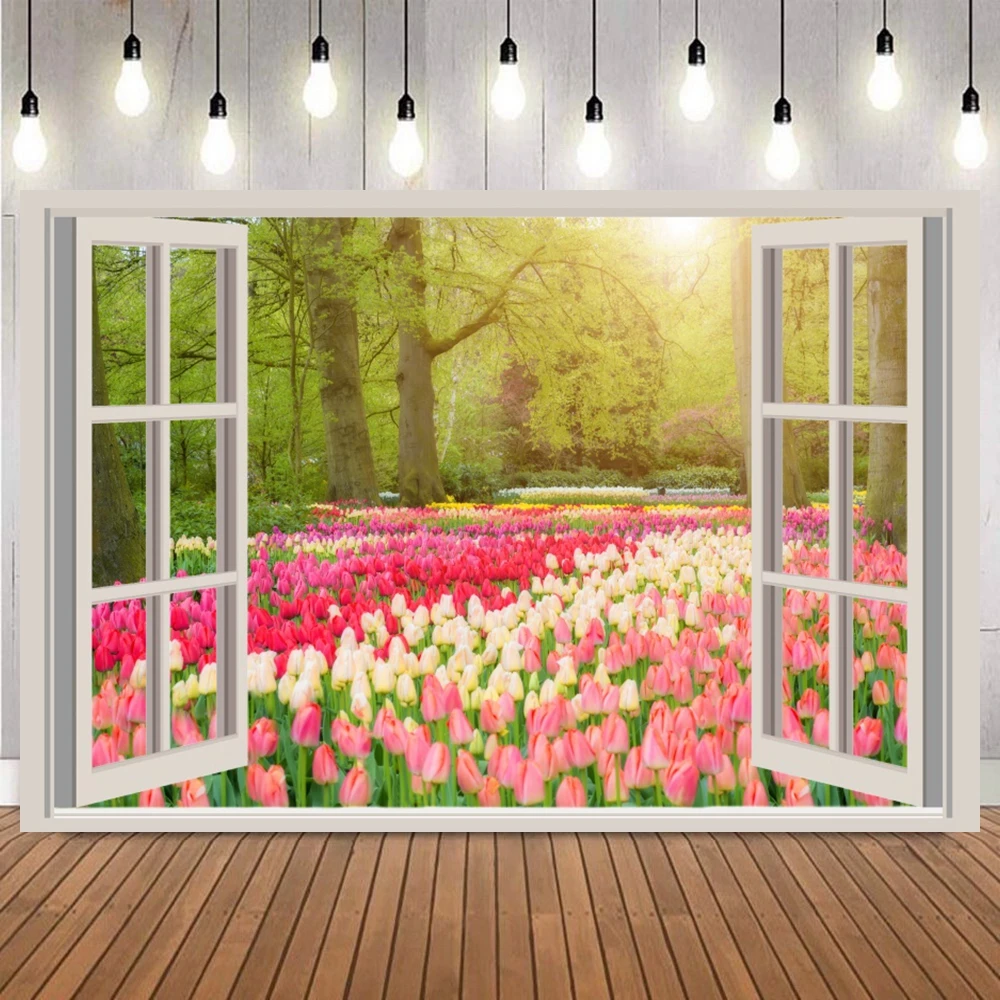 Spring Scenic Photography Backdrop Window View Room Spring Green Tree Grassland Curtain Poster Pattern Photo Background Props