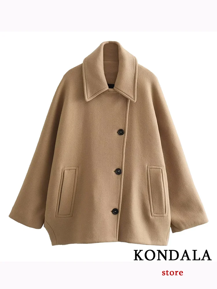 KONDALA Casual Vintage Chic Women Overcoat Camel Solid Pockets Single Breasted Short Loose Coat Fashion 2023 Autumn Winter Coat