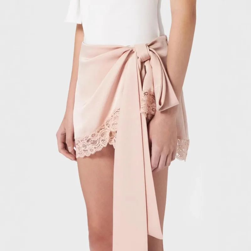 Hottie Bow Ribbon Satin Patchwork Lace Skirt 2025 Summer New Chic Pink Asymmetrical Design Y2K Mini Skirt Ladies Stylish Outfits