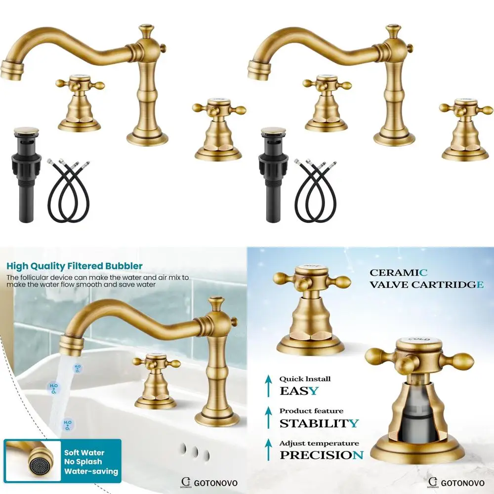 

8 Inch Widespread Antique Brass 3-Hole Vintage Sink Faucet with Pop-Up Drain and Cross Handles
