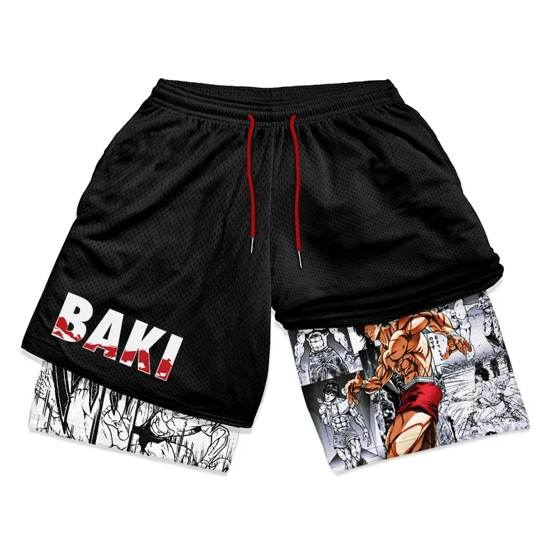 Baki Hanma Anime pantalones cortos de entrenamiento para gimnasio para hombres, pantalones cortos de compresión atléticos 2 en 1, ropa deportiva transpirable, entrenamiento de Fitness, correr