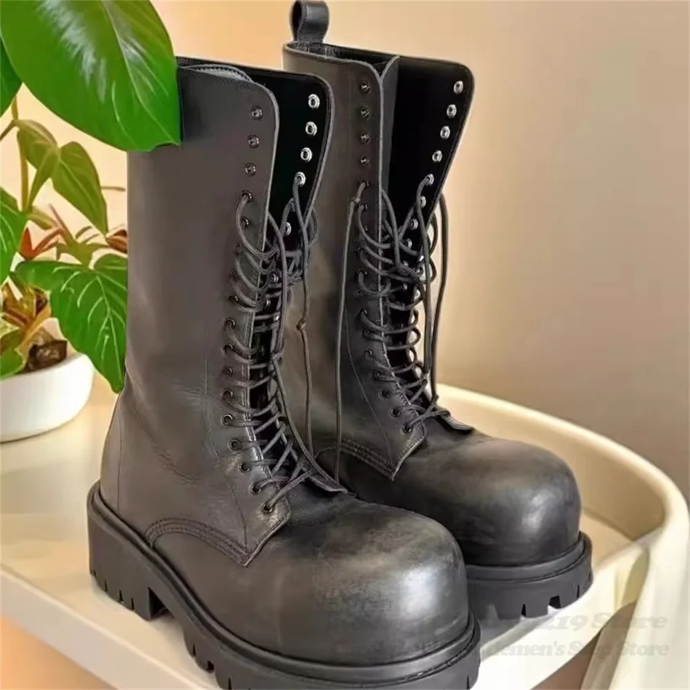 

Unisex Big Head Work Boots Autumn/winter New Style Strap Thick Heel Round Toe Thick Bottom Lace Up Middle Tube Men Work Boot