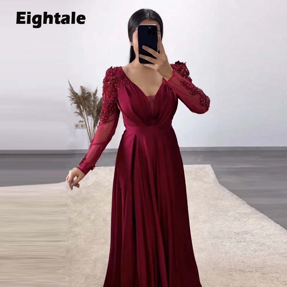 Eightale Burgundy Evening Dress for Wedding Party V-Neck Appliques Beaded Satin Long Sleeves A-Line Celebrity Formal Prom Gowns