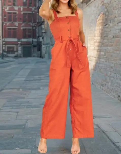 Tuta da donna nuova cintura alla moda da donna senza maniche cinturino con bottoni a vita alta con coulisse gamba larga ampia tuta da donna