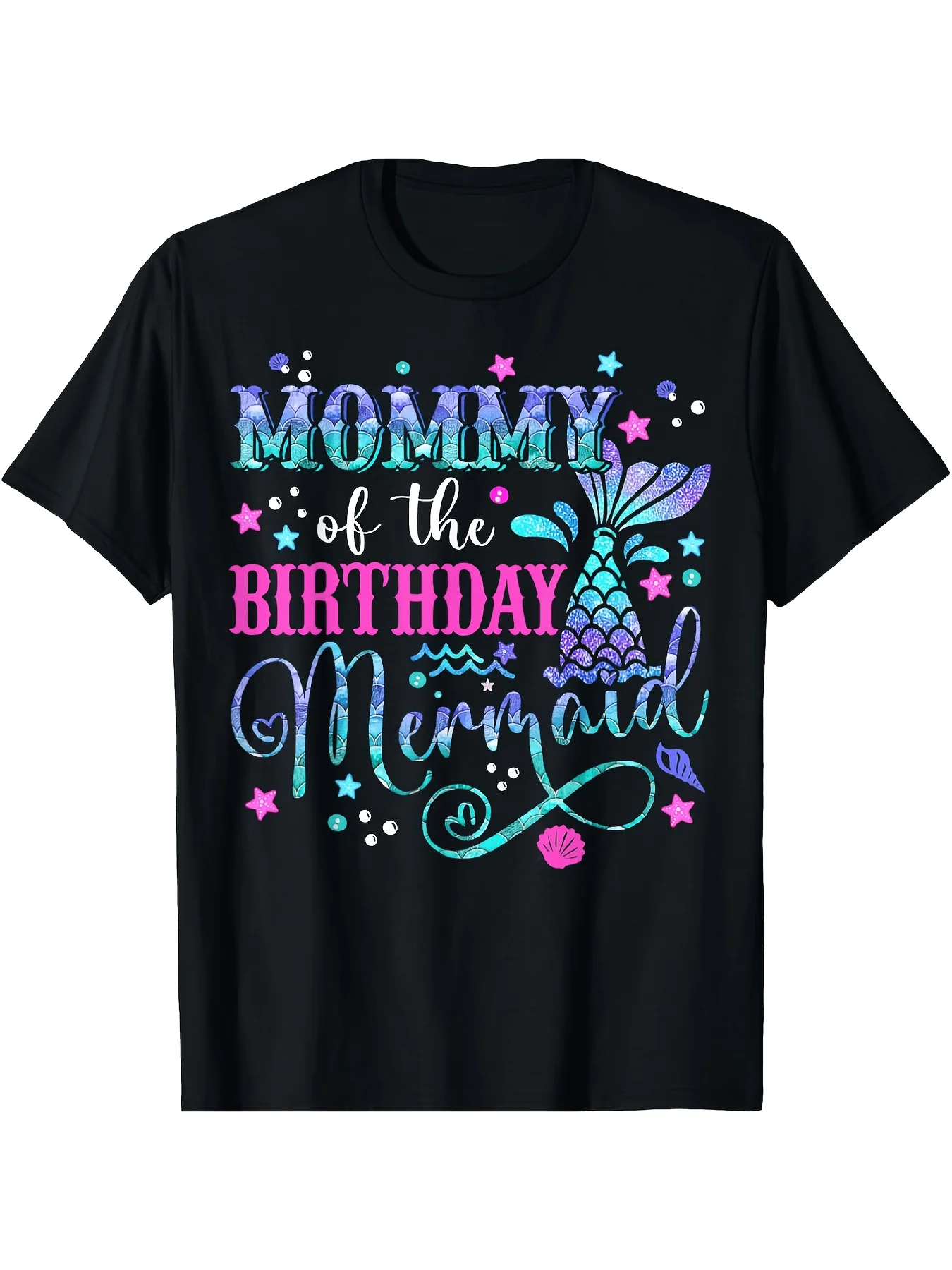 Black Casual Round Neck Tee Featuring a Birthday Mermaid Graphic, Complete with a Mermaid Tail, Seashells, And Starfish Design. This Machine Washable Top Is Suitable for Family Birthday Parties And Daily Activities