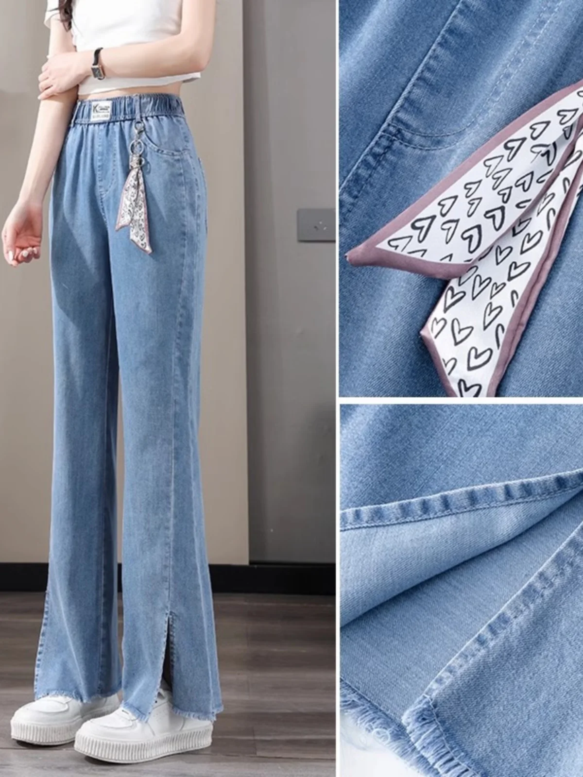 

Летние тонкие мягкие джинсы-колокольчики из ледяного шелка, женские свободные прямые длинные брюки с эластичной резинкой на талии, широкие джинсы