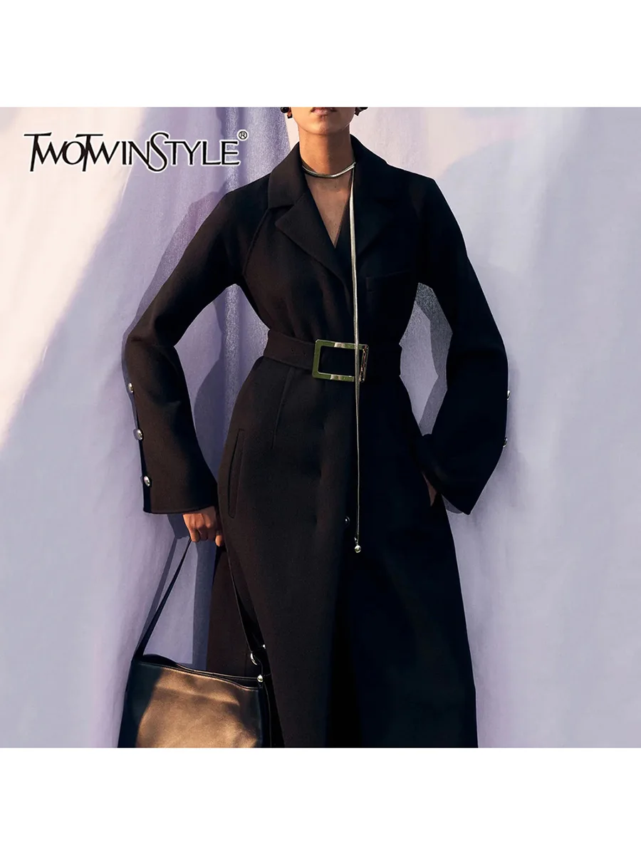 

TWOTWINSTYLE Solid Spliced Belt Basics Coats for Women Lapel Long Sleeves Patchwork Buttons Temperament Coat Female Fashion New