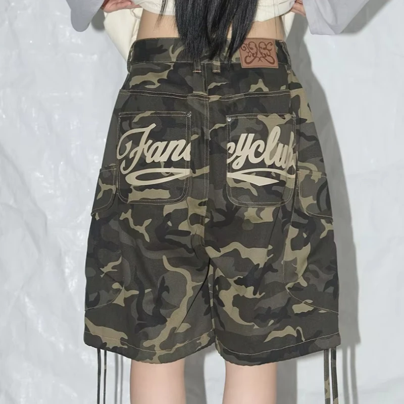 Summer Y2K Camo Cargo Shorts Streetwear High Waist Loose Multi-Pocket Zipper Drawstring Casual Harajuku Summer Women's Clothes