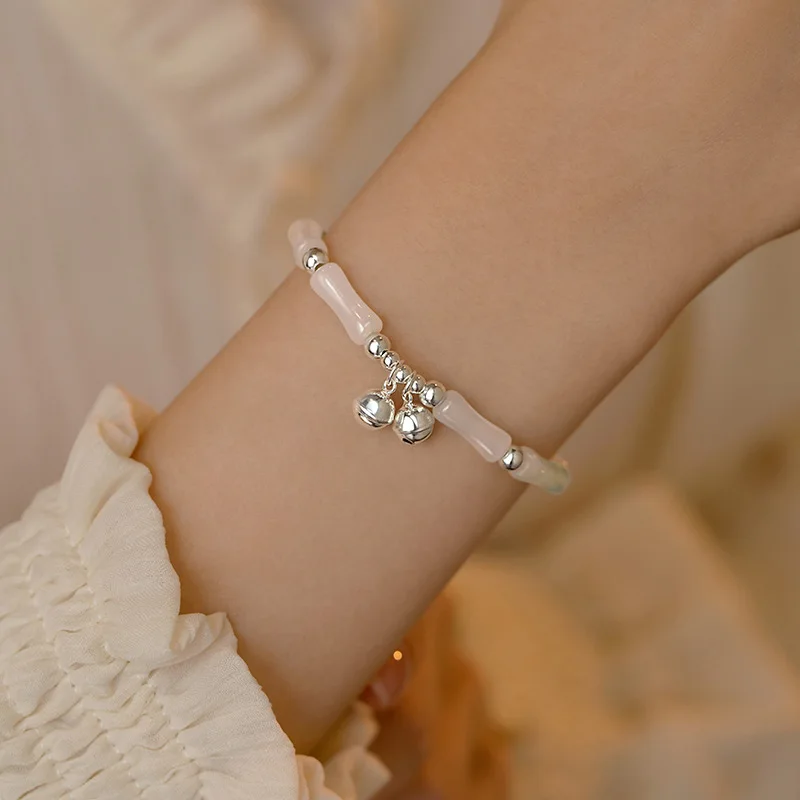 

Браслет из стерлингового серебра 925 пробы, нефрит, зеленый, белый колокольчик, бамбук, геометрический панк для женщин и девочек, модные ювелирные изделия, подарок, Прямая поставка, оптовая продажа