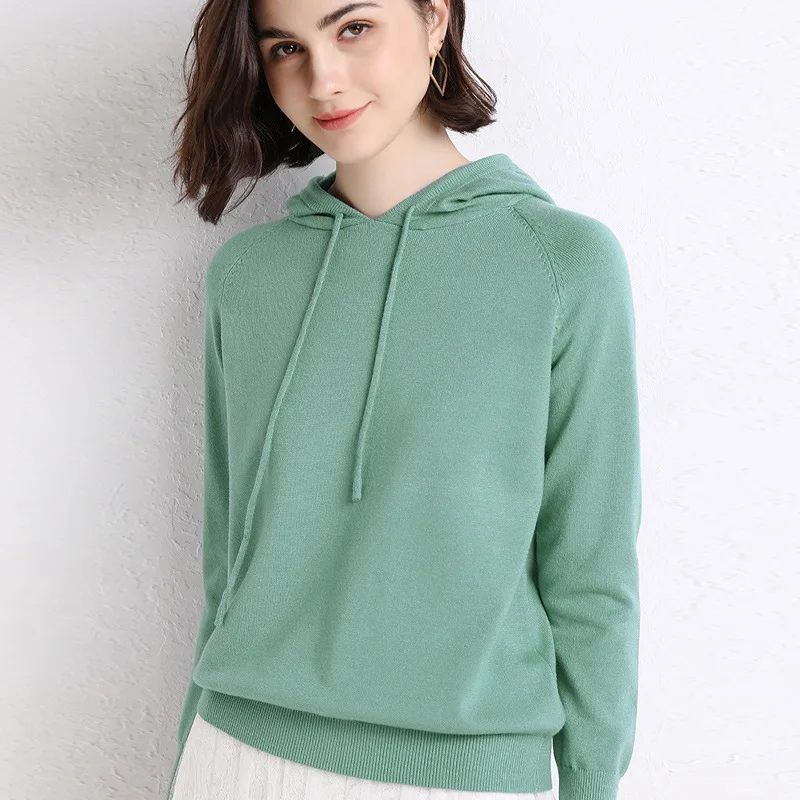 Felpa con cappuccio da donna con fondo lavorato a maglia maglione pullover con cappuccio di inizio autunno
