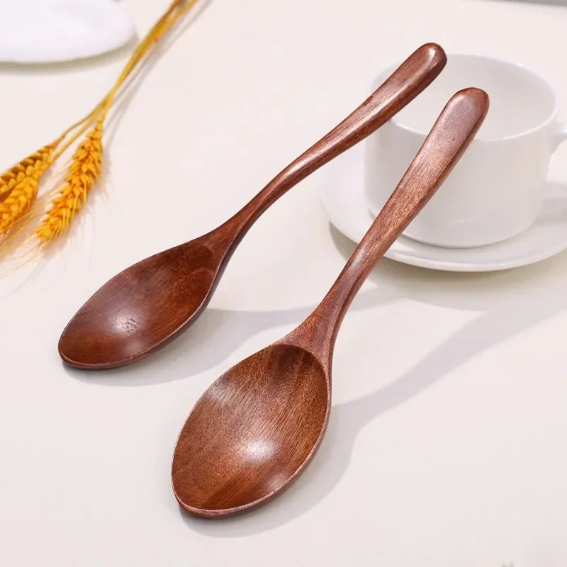 1/10PCS Wooden Spoon Long Handle Soup Wood Spoons Coffee Milk Teaspoon Spice Condiment Scoops Dinner Tableware Kitchen Utensil