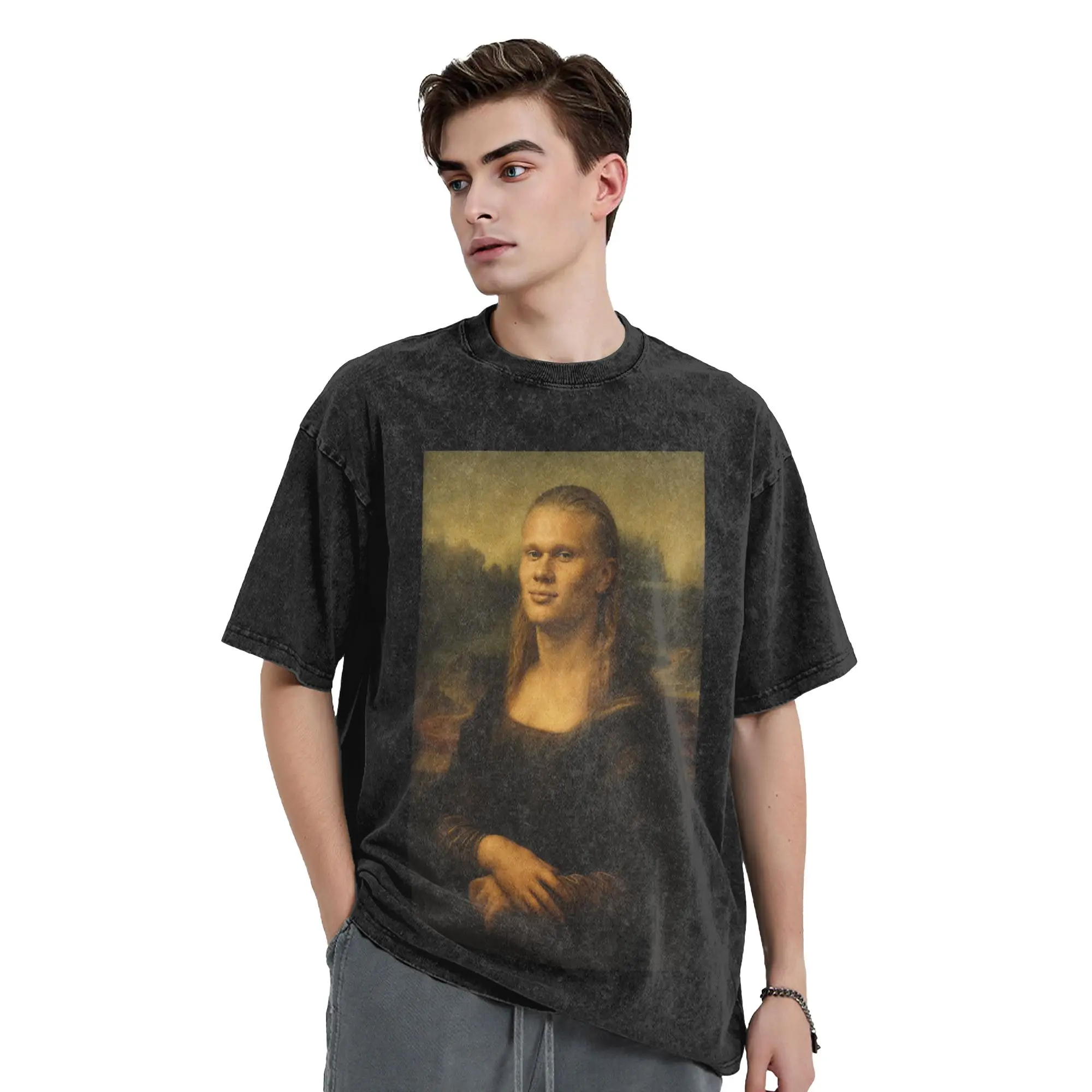 H-Haalands Mona Lisa Meme  Vintage Washed T Shirt  Pure Cotton Clothing Vintage Short Sleeve Round Collar Tees Gift Idea T-Shirt