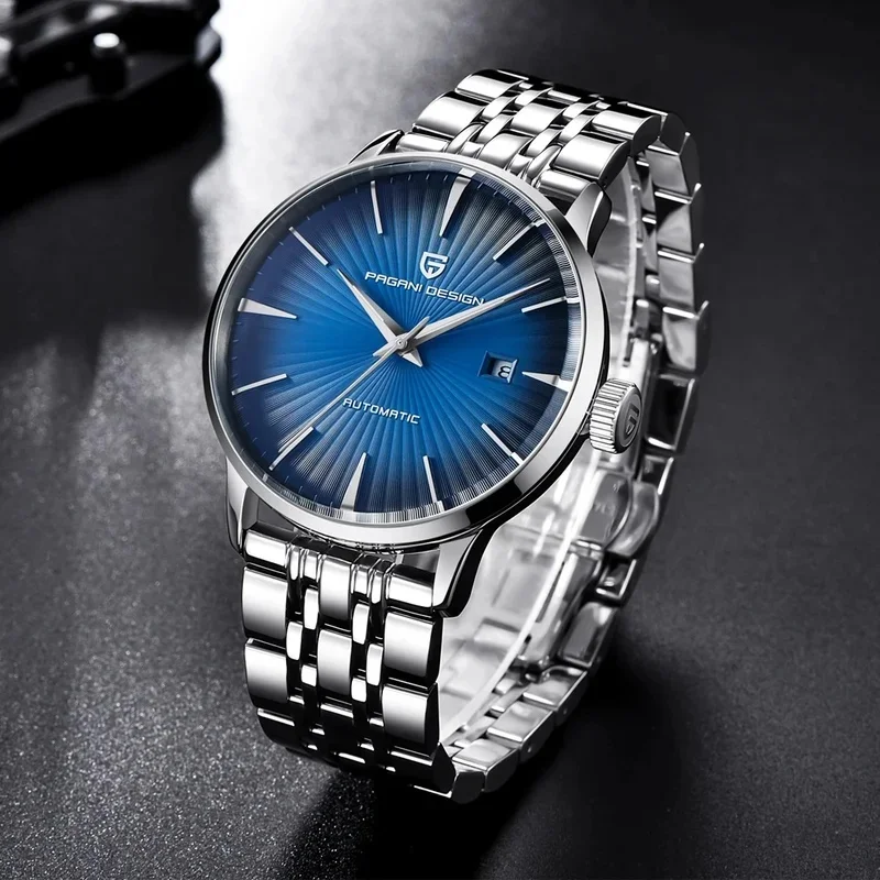 PAGANI DESIGN PD2770 Men Automatic Mechanical Watch Blue Sunray Burst Dial Stainless Steel Bracelet Date Watch